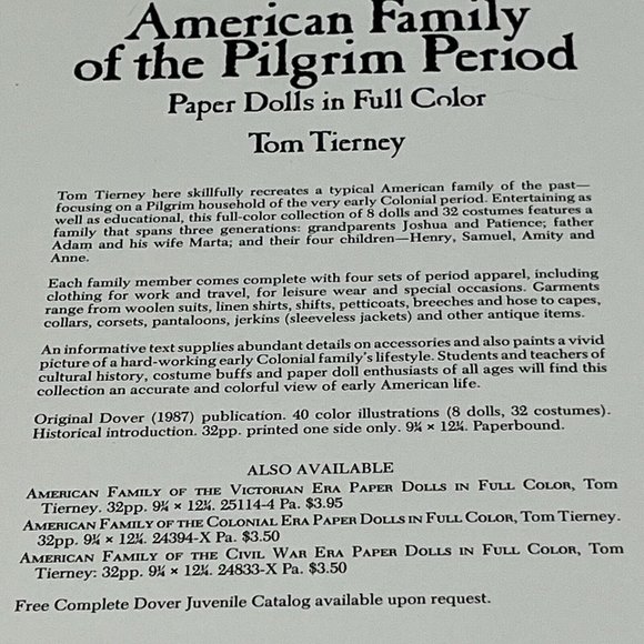 Vintage 1987 Tom Tierney American Family Of The Pilgrim Period Paper Doll Book - Picture 5 of 13